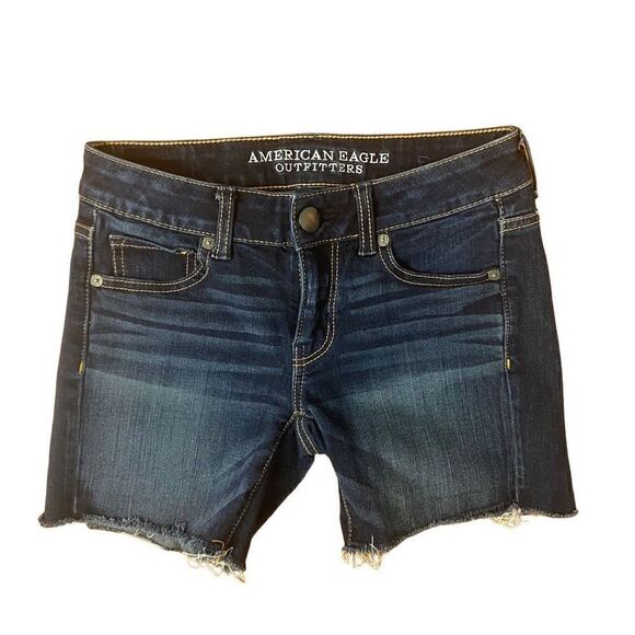American Eagle Super Stretch Midi Dark Wash Denim Cutoff Shorts Size 00 - Picture 1 of 5